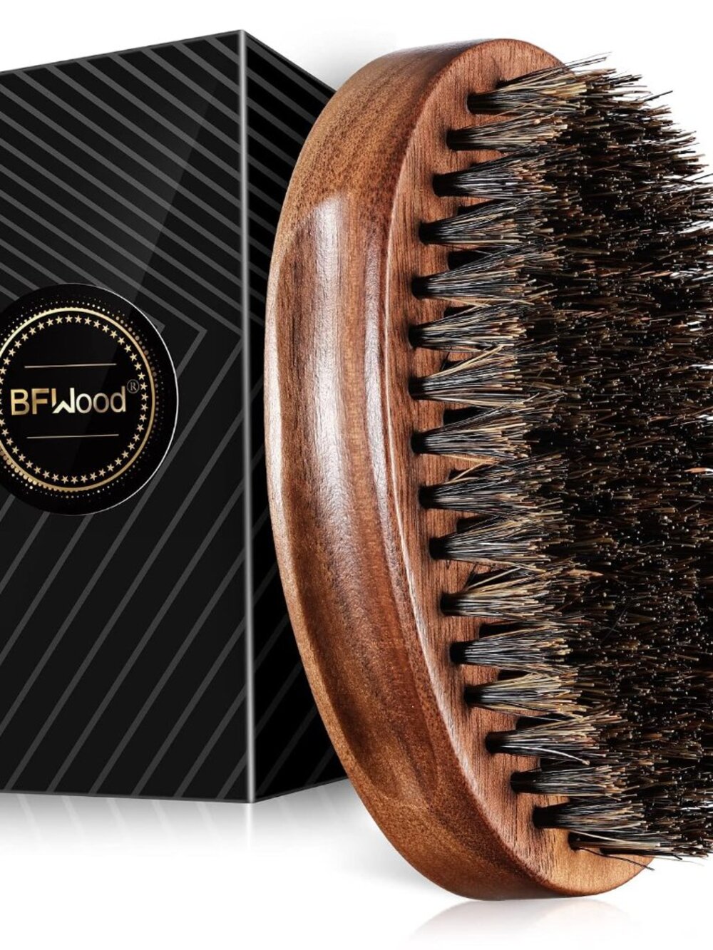 Boar Bristle Beard Brush - Black Wood Walnut Military Style, Men's Wooden Mustac